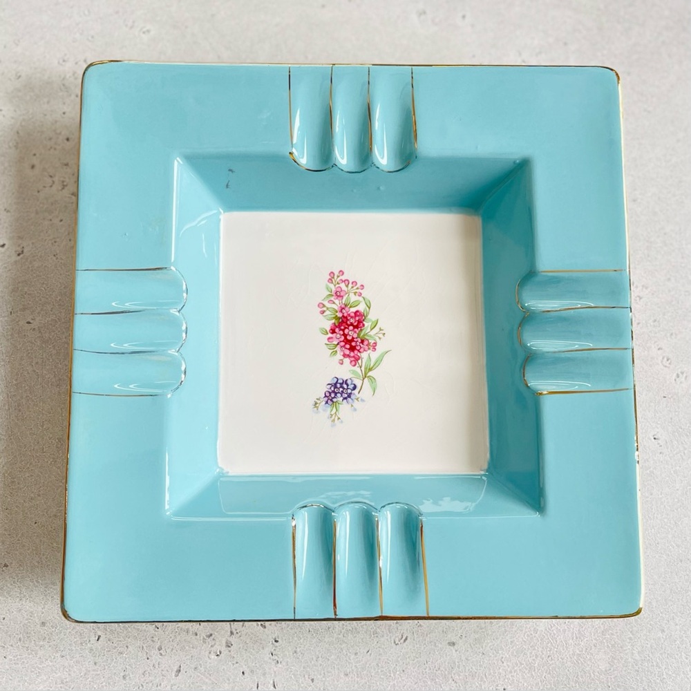 Vintage MCM Ceramic Light Blue with Flowers & Gold Accents Ashtray Catch All